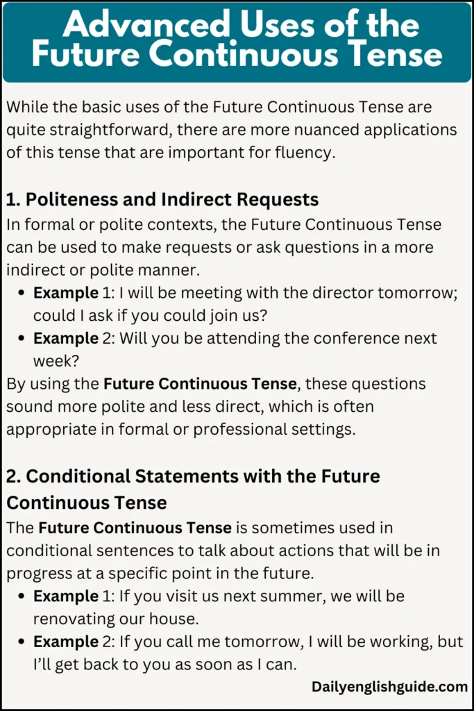 Advanced Uses of the Future Continuous Tense