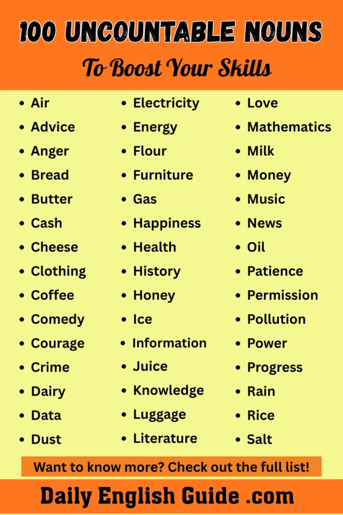 100 Examples Of Uncountable Nouns To Boost Your Skills
