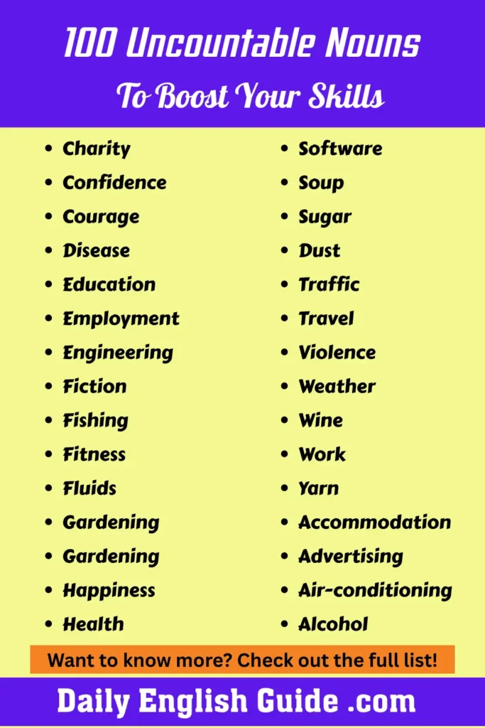 100 Uncountable Nouns To Boost Your Skills