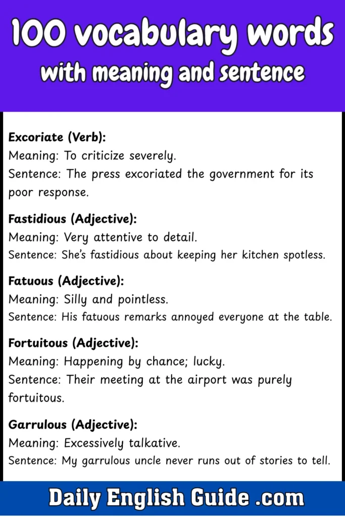 100 vocabulary words with meaning and sentence