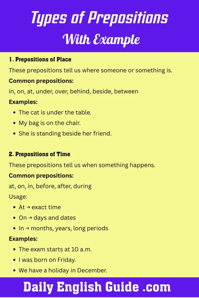 Types of Prepositions with Example